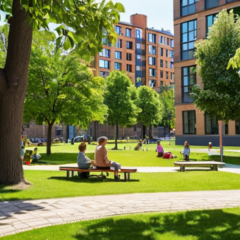 **

A vibrant city park scene. Families are enjoying a sunny afternoon on the grass, children play on a modern playground, and seniors relax on benches under shady trees. In the background, modern, eco-friendly apartment buildings blend seamlessly with older, renovated historical structures. Focus on the harmonious coexistence of green spaces, diverse age groups, and architectural styles. The scene should convey a sense of community and accessibility for all.

**