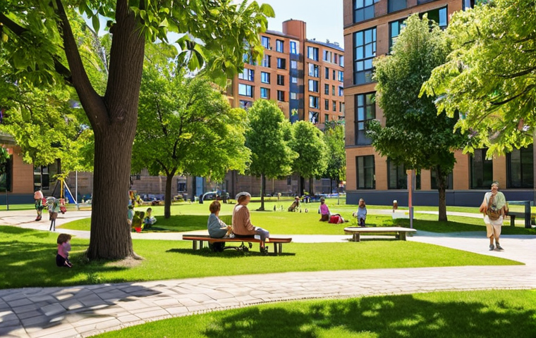 **

A vibrant city park scene. Families are enjoying a sunny afternoon on the grass, children play on a modern playground, and seniors relax on benches under shady trees. In the background, modern, eco-friendly apartment buildings blend seamlessly with older, renovated historical structures. Focus on the harmonious coexistence of green spaces, diverse age groups, and architectural styles. The scene should convey a sense of community and accessibility for all.

**