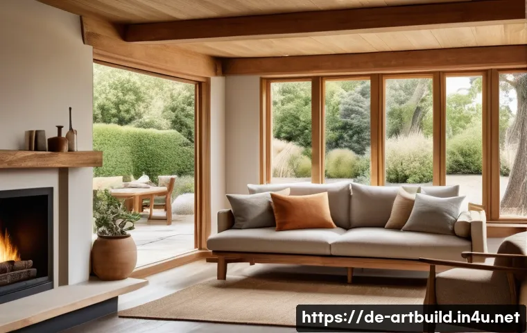 아트 앤 크래프트 건축 양식 - A cozy Arts-and-Crafts style living room interior bathed in natural light through large, floor-to-ce...