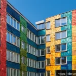 Home 18 포스트모더니즘 건축 사례 - A vibrant postmodern urban building in a lively German city, showcasing fragmented and asymmetrical ...