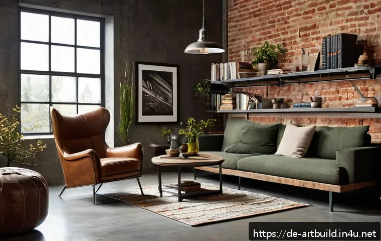 인더스트리얼 스타일 건축 - A cozy industrial living room featuring a rustic steel ladder repurposed as a bookshelf, with visibl...